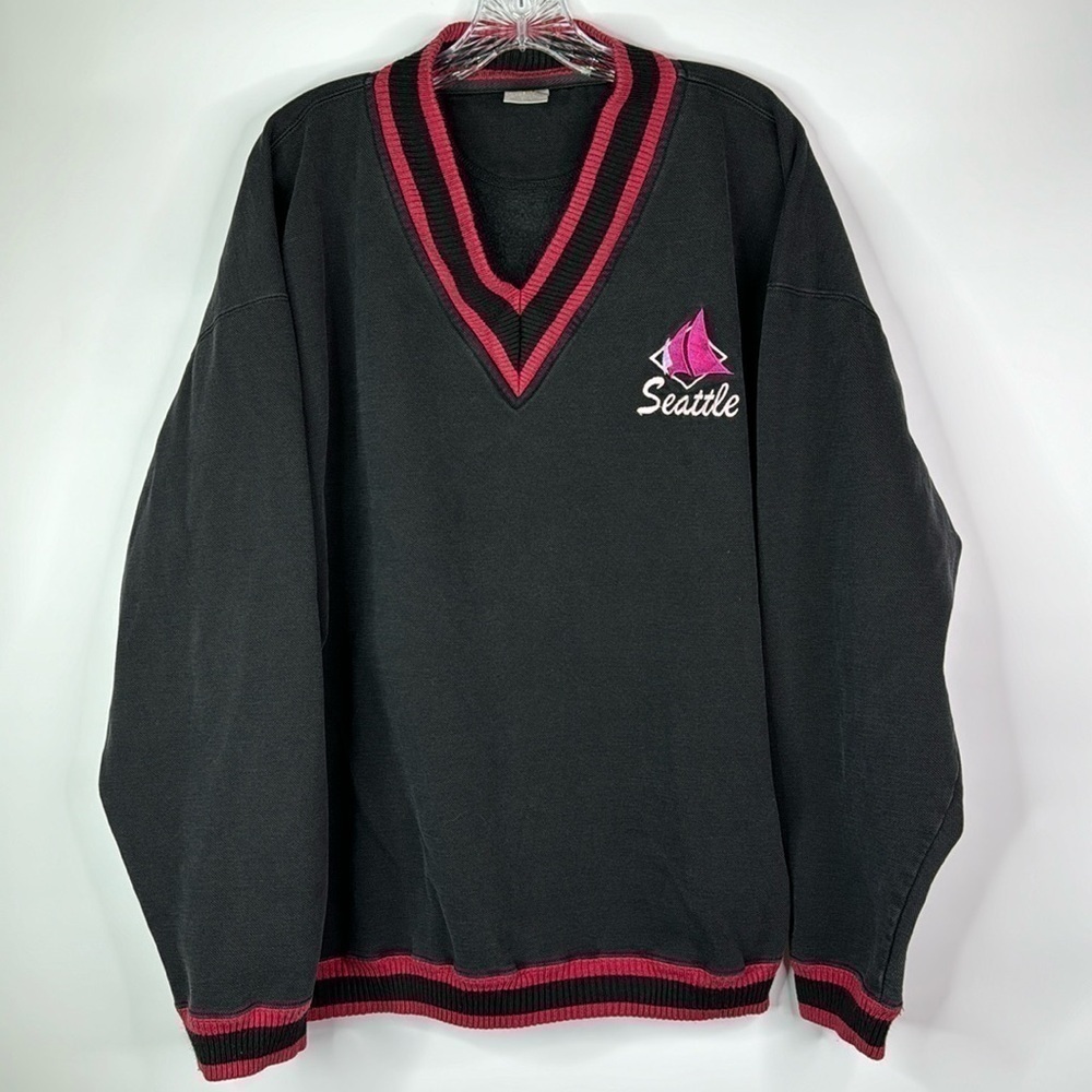 Vintage BAC Premier Seattle Sailing Black Vneck Sweater XL 80s